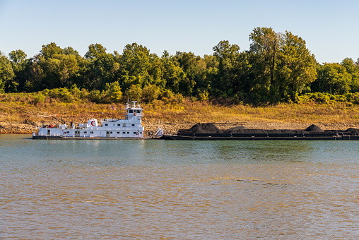 Large tug boat pushing rows of barges with coal products down the Mississippi river south of Cairo in Illinois