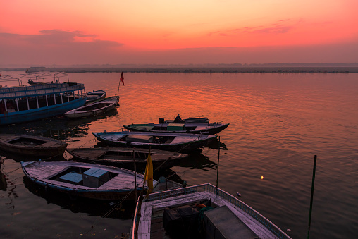 Sunrise view of Varanasi ghat with boats