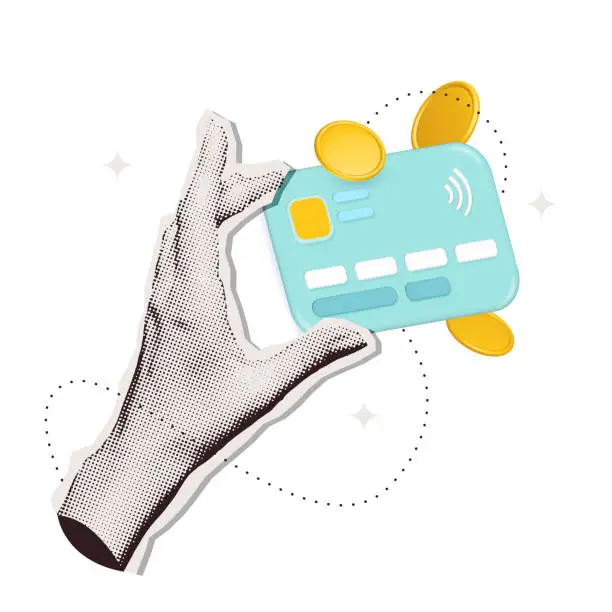 Vector illustration of Trendy Halftone Collage Hands holding Credit Card with gold coins. Online payment concept with 3d render element. Keeping money safe. Digital Financial transactions. Banking loan, e-commerce. Vector