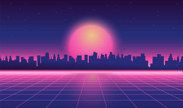 istock Retro futuristic synthwave retrowave 80s styled night cityscape with big sunset on background. Cover or banner template for retro wave music. Vector 1980s vintage illustration. 2045594103