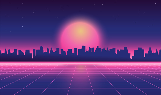 Retro futuristic synthwave retrowave 80s styled night cityscape with big sunset on background. Cover or banner template for retro wave music. Vector 1980s vintage illustration