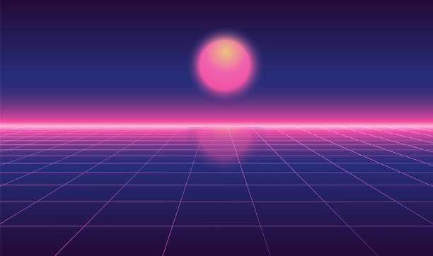 istock Abstract futuristic horizontal landscape with sun in vintage 1980s style. Vector illustration background . 80s Retro Sci-Fi smooth backdrop. 2045594119