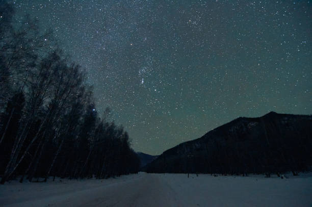 istock Highland mountain covered in snow under starry night sky atmosphere 2045600041