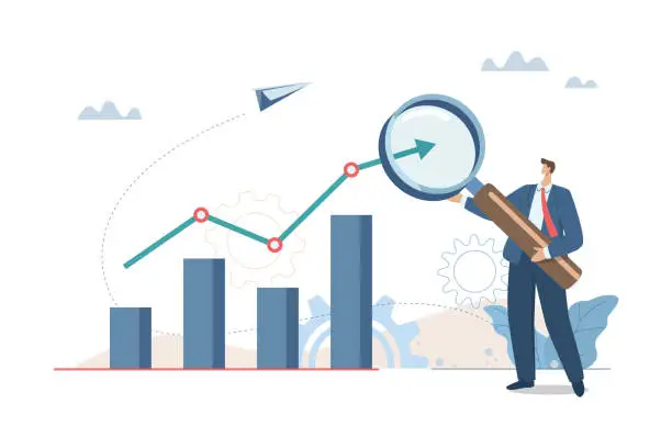 Vector illustration of Financial research or data analysis for future trends in marketing, Forecasting factors that cause profit or loss, Businessman analyzes trends on graphs and charts with magnifying glass.