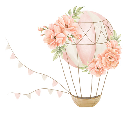 Air Balloon with Flowers. Watercolor illustration of cute aircraft and roses in beige and pink pastel colors for Baby shower. Drawing for childish design or kid posters on isolated background.