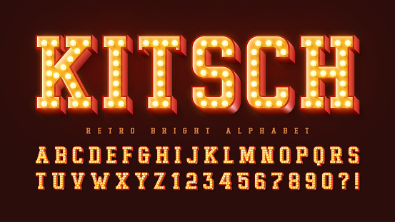 Retro cinema alphabet design, cabaret, warm lamps letters and numbers. Original design