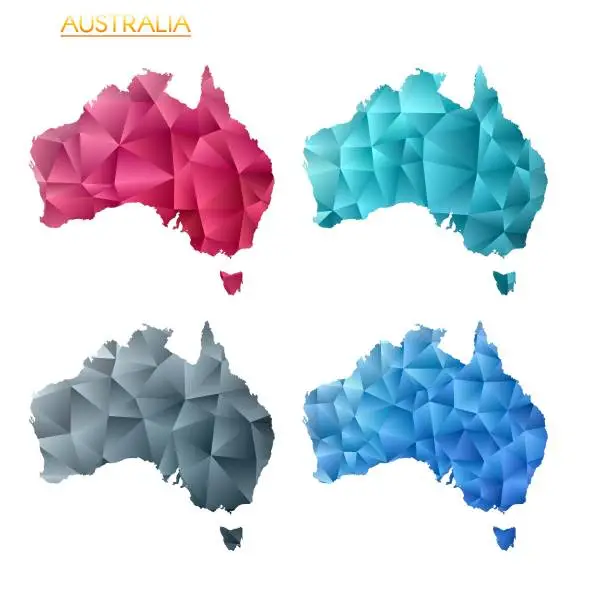 Vector illustration of Set of vector polygonal maps of Australia. Bright gradient map of country in low poly style. Multicolored Australia map in geometric style for your infographics. Modern vector illustration.