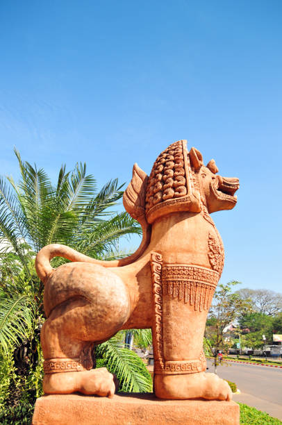 Vientiane, Laos: guardian lion (lion dogs or foo dog) on Lane Xang Avenue, common in Laotian iconography and architecture, known localy as 'Chinthe', they are used in a similar way to Chinese imperial guardian lions, but with a traditional Laotian style design.