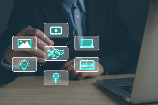 istock Man touch icon ai and use laptop, Marketers education, research, analyze media video streaming content creation and online marketing strategies to grow their digital business. Ai concept. 2045617457