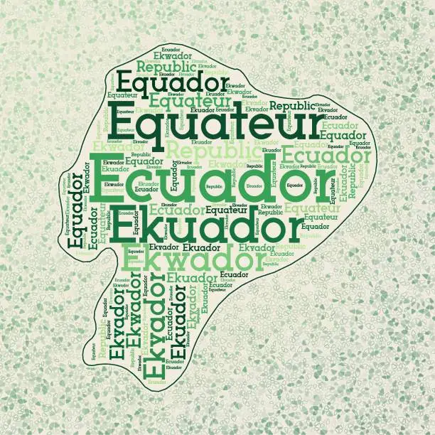 Vector illustration of Ecuador shape whith country names word cloud in multiple languages. Ecuador border map on trendy triangles scattered around. Attractive vector illustration.