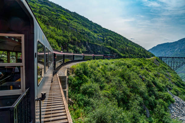 Skagway, Alaska - July 30, 2023: Tourists are enjoying the view from train. White Pass Summit excursion tour train, Alaska, USA.