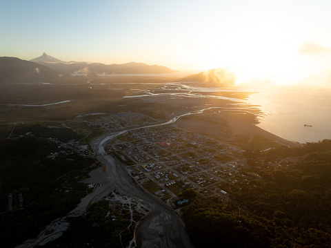 Aerial view of Chaiten at sunset in the chilean Patagonia