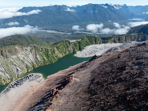 Aerial view of a lake inside the crater of Chaiten volcano in the chilean Patagonia
