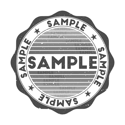 Sample badge. Grunge word round stamp with texture in Shady Character color theme. Vintage style geometric sample seal with gradient stripes. Modern vector illustration.