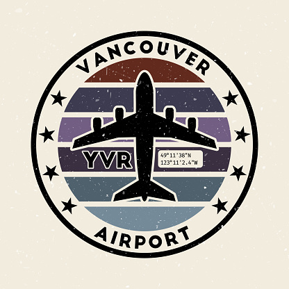 Vancouver airport insignia. Round badge with vintage stripes, airplane shape, airport IATA code and GPS coordinates. Captivating vector illustration.