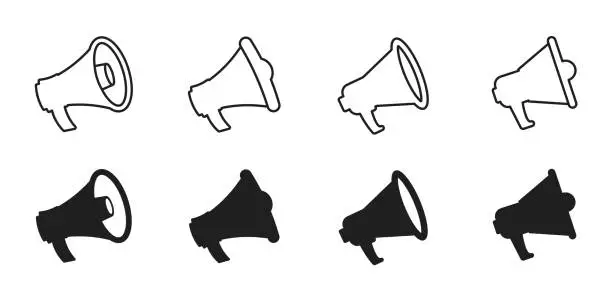 Vector illustration of Megaphones icons set. Graphic design of megaphone icons. Set of simple megaphone icons, and megaphone linear icons. Speaker icon. Loudspeaker. Vector illustration