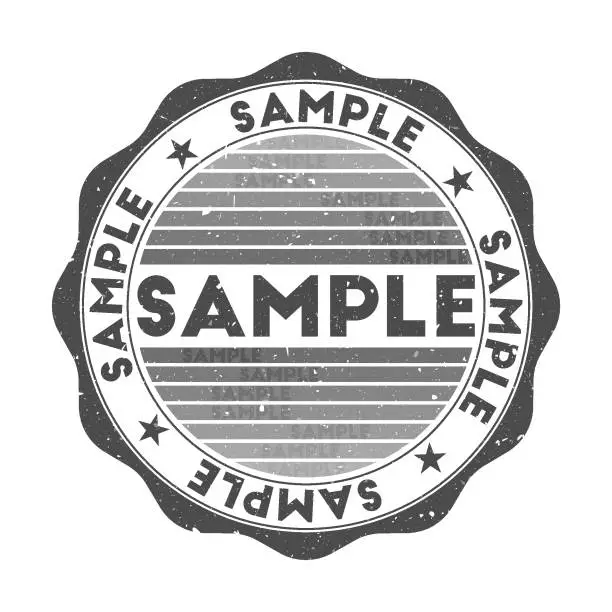 Vector illustration of Sample badge. Grunge word round stamp with texture in Shady Character color theme. Vintage style geometric sample seal with gradient stripes. Modern vector illustration.