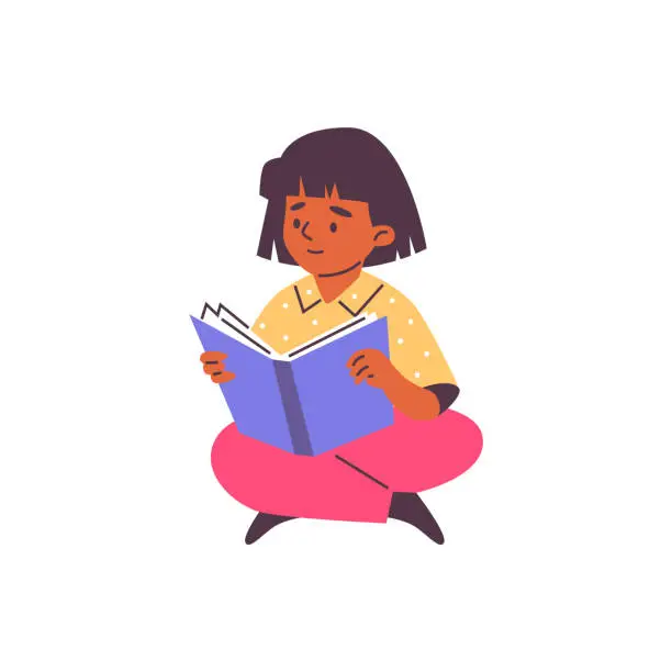 Vector illustration of A dark-skinned girl reads a book while sitting on the floor.