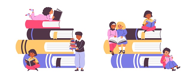 A set of four colorful vector illustrations featuring children engaged in reading, surrounded by oversized books.