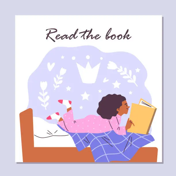Vector illustration of Children's flyer with a little girl reading a fairy tale in bed.