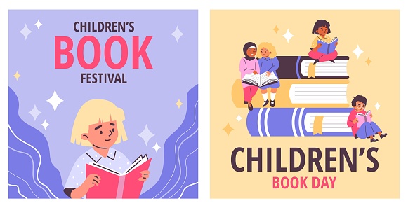 Colorful vector illustration set celebrating children's literature, featuring kids reading and the titles 