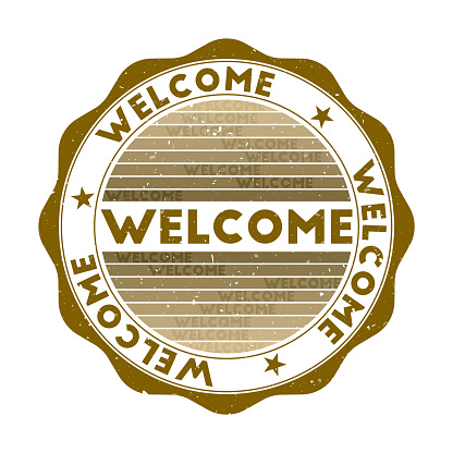Welcome badge. Grunge word round stamp with texture in Alligator color theme. Vintage style geometric welcome seal with gradient stripes. Awesome vector illustration.