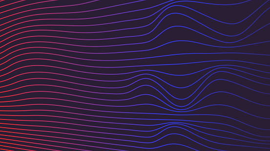 Abstract blue and red smooth flowing wave lines on a dark black background. Dynamic sound wave element design.