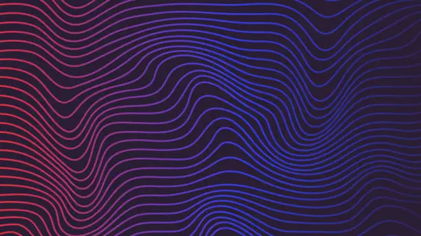 Vector illustration of Abstract blue and red smooth flowing wave lines on a dark black background. Dynamic sound wave element design.
