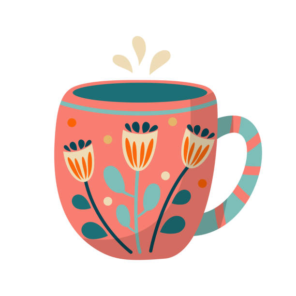 rosa und blauer becher mit blumen - tea cup coffee cup teapot domestic kitchen stock-grafiken, -clipart, -cartoons und -symbole