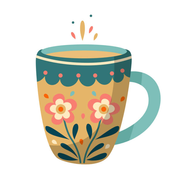 꽃이 있는 노란색과 파란색 머그잔 - tea cup coffee cup teapot domestic kitchen stock illustrations
