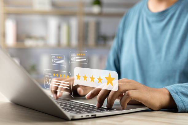 istock Evaluating 5-Star customer satisfaction, Online survey for quality service experience online application, Satisfaction with service evaluation, 5-Star rating and quality service feedback online. 2045682256
