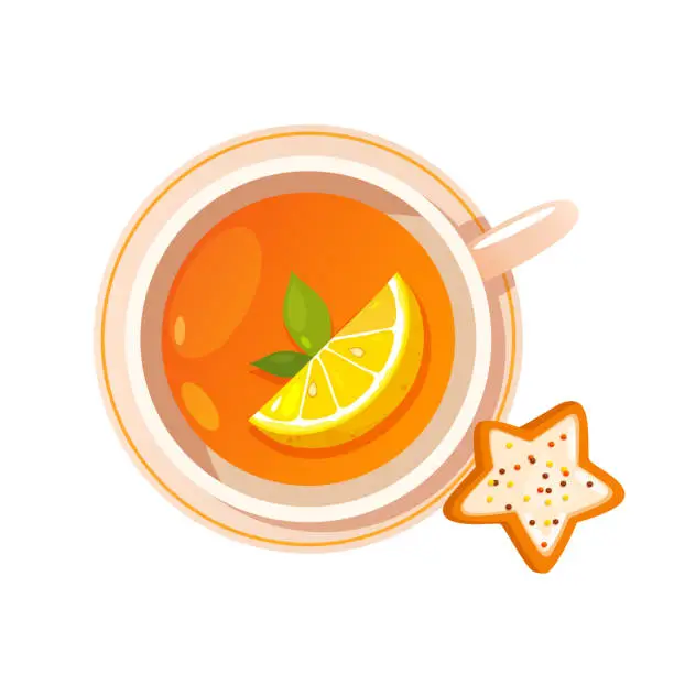 Vector illustration of A cup of lemon tea with yummy biscuit