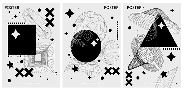 Futuristic retro vector minimalistic Posters with strange wireframes graphic assets of geometrical shapes. Modern y2k design. Surreal black line and cicrle geometry figures.