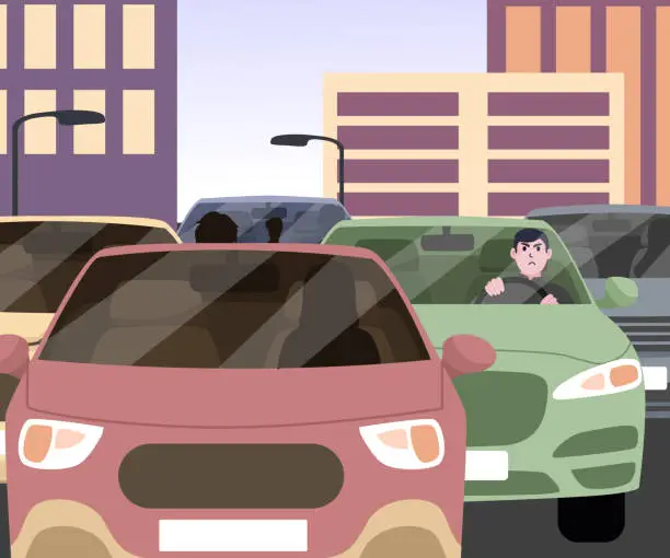 Vector illustration of City traffic jam and sleepy driver