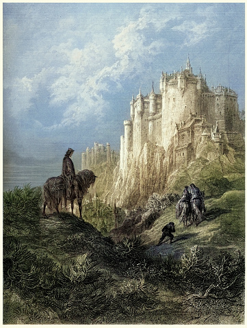 Vintage illustration of Camelot, The journey Edyrn, his Lady to the court of King Arthur at Camelot, Idylls of the King, Alfred Tennyson