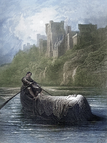 Vintage illustration of The body of Elaine is taken to the court of King Arthur at Camalot, Idylls of the King, Alfred Tennyson