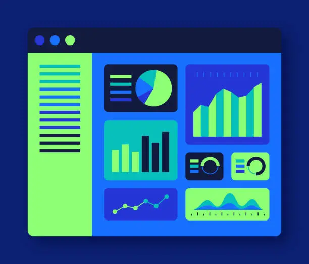 Vector illustration of Data Statistics Analysis Dashboard Charts Graphs Blue Software Window
