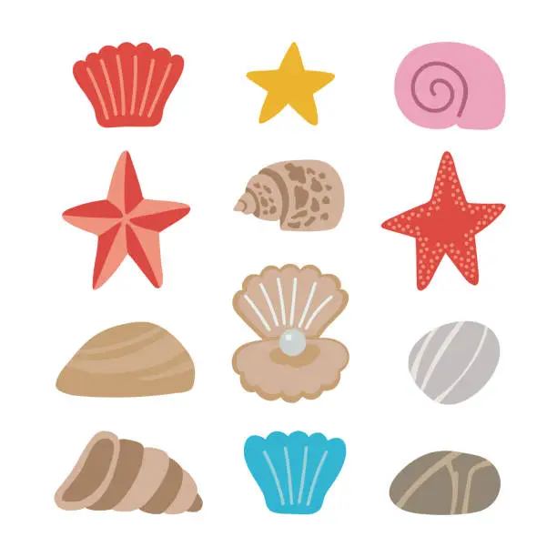 Vector illustration of Vector sea collection shells, starfish, stones, pebbles. Hand drawn illustration for travel design.