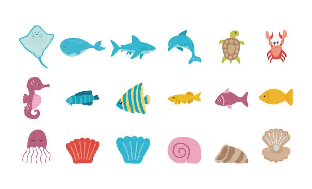 Vector illustration of Vector marine life collection with dolphin, shark, stingray, crab, jellyfish, turtle, fish, seashell and seahorse.