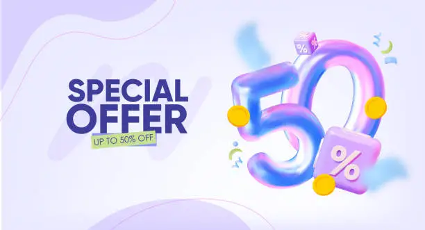 Vector illustration of A Special offer banner, 50% discount promotion. With confetti and coins. Discounts on gift certificates. For festive events. Birthday, March 8th, summer discounts. 3D creative vector template.banner for a 50 percent discount. With confetti and coins. Disc