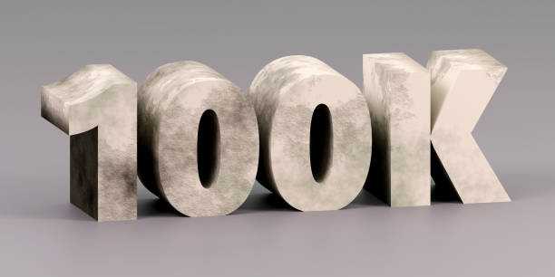 Luxury concrete sign 100k on grey podium with wireframe house, soft light, smooth background, 3d rendering