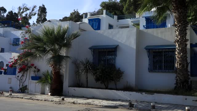 White and blue traditional houses in Sidi Bou Said street, Tunisia, under clear blue sky