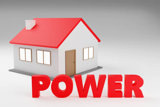 istock Bright red sign power with small house Power Minimal Concept 3D render Illustration 2045750635