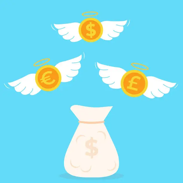 Vector illustration of Golden coins with wings and sack of gold. Flying money. Dollar, pound, euro.