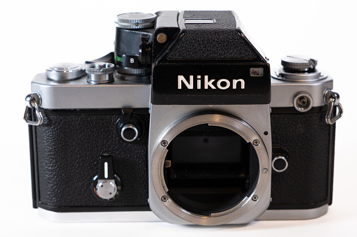 Fort Mill, South Carolina, United State - 18 Jan 2024:  Detail, Close-Up image of Nikon F2  on a white background.