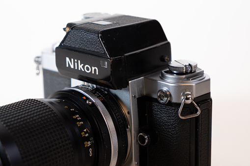 Fort Mill, South Carolina, United State - 18 Jan 2024:  Detail, Close-Up image of Nikon F2  on a white background.