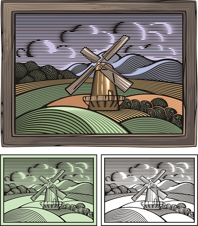 Vector illustration of a windmill, done in retro woodcut style. Off-grid organic farming and renewable energy.  Several versions, including a ready-to-cut one.