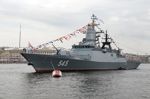 Saint-Petersburg, Russia - July 28, 2017: Warship 545 stands moored on the Neva River. Steregushchy class corvette