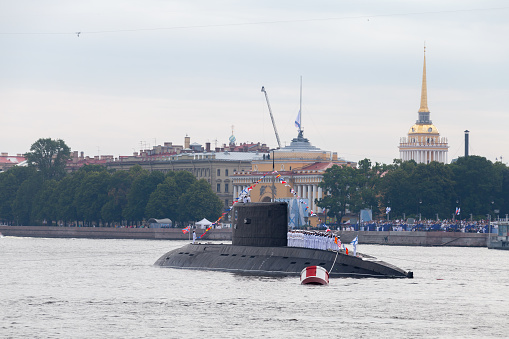 Saint-Petersburg, Russia - July 28, 2017: B-227 Vyborg is a Soviet and Russian diesel-electric submarine of Project 877 Halibut is on the military parade of naval forces in St-Petersburg