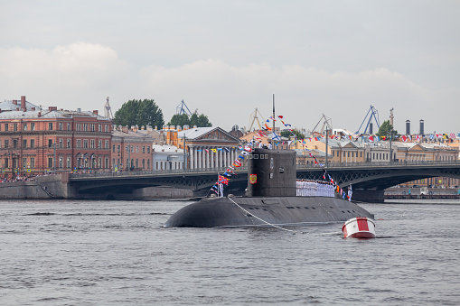 Saint-Petersburg, Russia - July 28, 2017: B-227 Vyborg is a Soviet and Russian diesel-electric submarine of Project 877 Halibut is on the military parade of naval forces